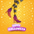 Vector cartoon halloween party poster with women witch legs and vintage ribbon with text happy halloween on orange Royalty Free Stock Photo