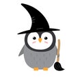 Vector Halloween penguin with witch hat and broom