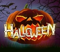 Vector halloween poster with evil pumpkin on dark background.