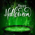 Vector halloween poster with hand lettering greetings label - happy halloween - with boiling witch cauldron Royalty Free Stock Photo