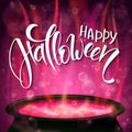 Vector halloween poster with hand lettering greetings label - happy halloween - with boiling witch cauldron Royalty Free Stock Photo