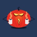 Vector halloween pumpkin. Pumpkin invigorating, drinking coffee, office. Halloween cartoon sticker. Flat festive illustration Royalty Free Stock Photo