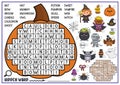 Vector Halloween pumpkin shaped word search puzzle for kids. Autumn holiday quiz for children. Educational activity with kawaii