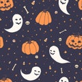 Vector Halloween repeat pattern with pumpkins, ghosts with scary faces, bones, skulls and candy corn in sketch Royalty Free Stock Photo