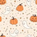 Vector Halloween repeat pattern with pumpkins, ghosts with scary faces, bones, skulls and candy corn in sketch style. Royalty Free Stock Photo