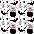 Vector Halloween seamless pattern. Black icons of potion in a flask, spider web, bat, cauldron. Design elements for halloween Royalty Free Stock Photo
