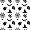 Vector Halloween seamless pattern. Black icons of skull, spider, pumpkins. Royalty Free Stock Photo