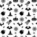 Vector Halloween seamless pattern. Black icons of skull, spider, pumpkins. Royalty Free Stock Photo