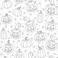 Vector Halloween seamless pattern with candy corns, smiling pumpkins and witch hats black outline. Holiday background for wrapping Royalty Free Stock Photo