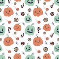 Vector Halloween seamless pattern pumpkin, skull, candies. Decoration wallpaper, wraping paper, digital paper Royalty Free Stock Photo