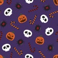 Vector Halloween seamless pattern pumpkin, skull, candies. and spiders Royalty Free Stock Photo