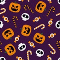 Vector Halloween seamless pattern pumpkin, skull, candies. Royalty Free Stock Photo