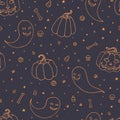 Vector Halloween seamless pattern with pumpkins, ghosts with scary faces, bones, skulls and candy corn orange sketchy outline