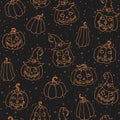 Vector Halloween seamless pattern with smiling pumpkins and witch hats orange outline on the black background Royalty Free Stock Photo