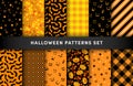 Vector Halloween seamless patterns set. Cute Halloween prints with smiling pumpkins, spooky faces, bat, stars, plaid and