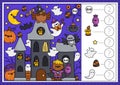 Vector Halloween searching game with haunted house and kawaii characters. Spot hidden objects, say how many. Simple autumn holiday