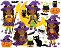 Vector Set with Cute Little African American Witches and Halloween Elements Royalty Free Stock Photo