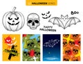 Vector Halloween set in dotwork style. Dotted black skull, bat, pumpkin isolated on white background. Royalty Free Stock Photo