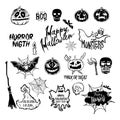 Vector Halloween set, drawn Halloween symbols pumpkin, broom, bat, spider webs, lettering and stylized drawing in vintage style Royalty Free Stock Photo