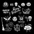 Vector Halloween set, drawn Halloween symbols pumpkin, broom, bat, spider webs, lettering and stylized drawing in vintage style Royalty Free Stock Photo