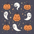 Vector Halloween set with orange pumpkins, ghosts with scary faces, bones, skulls and candy corn in sketch style. Hand drawn Royalty Free Stock Photo
