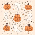 Vector Halloween set with orange pumpkins, ghosts with scary faces, bones, skulls and candy corn in sketch style Royalty Free Stock Photo