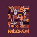 Vector Halloween Square Illustration With Hand Drawn Doodle Pumpkin, Skull, Witch Hat, Bones, Candies, Spider, Ghost.