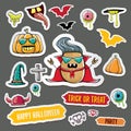 Vector halloween sticker icons set with dracula, witch hat, scary pumpkin, bat , skull, happy halloween text, demon and Royalty Free Stock Photo