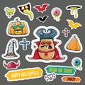 Vector halloween sticker icons set with dracula, witch hat, scary pumpkin, bat , skull, happy halloween text, demon and Royalty Free Stock Photo