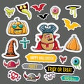 Vector halloween sticker icons set with dracula, witch hat, scary pumpkin, bat , skull, happy halloween text, demon and Royalty Free Stock Photo