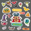Vector halloween sticker icons set with dracula, witch hat, scary pumpkin, bat , skull, happy halloween text, demon and Royalty Free Stock Photo