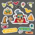 Vector halloween sticker icons set with dracula, witch hat, scary pumpkin, bat , skull, happy halloween text, demon and Royalty Free Stock Photo