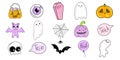 Vector Halloween symbol single element set. Cute stickers in cartoon style. Ghost, skull, pumpkin, spider. Royalty Free Stock Photo