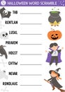 Vector Halloween word scramble activity page. English language game with cute witch, lantern, vampire for kids. Autumn Fall
