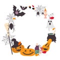 Vector Halloween wreath with witch hat, broom, cauldron, Jack latern, pumpkin, web, spider, ghost, candle, poison, bat.