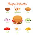 Vector hamburger menu with different ingredients. Burger constructor