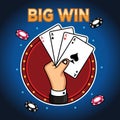 Vector of hand carries a poker card with the winning text. Game icon concept in navy background