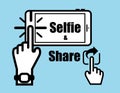 Vector : Hand click selfie on smart phone and click share icon