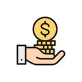 Vector hand with coin pile, save money, invest flat color line icon. Royalty Free Stock Photo