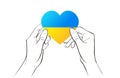 Vector hand concept. Gesture, sign of help and hope logo. Two hands holding blue yellow heart. Support ukrainian Royalty Free Stock Photo