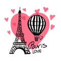 Vector Hand Draw Air Balloon And Paris Eiffel Tower Isolated On Pink Heart