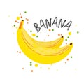 Vector hand draw banana illustration. Yellow ripe bananas with juice splash isolated on white background. Textured Royalty Free Stock Photo