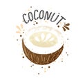 Vector hand draw coconut illustration. Brown coconuts with juice splash isolated on white background. Textured white and Royalty Free Stock Photo