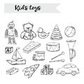 Vector hand draw kids toys set in doodle style,isolated on a white Royalty Free Stock Photo