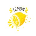 Vector hand draw lemon illustration. Half of lemons with juice splashes isolated on white background. Textured yellow