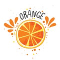 Vector hand draw orange illustration. Slice of orange with juice splashes isolated on white background. Textured orange