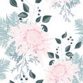 Vector hand draw seamless pattern with Japanese chrysanthemum, fern and berries.