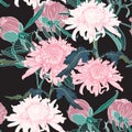 Vector hand draw seamless pattern with Japanese chrysanthemum and peonies.