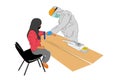 Vector Hand Draw Sketch, Standing Doctor or Nurse Use Hazmat and Face Shield Preparing Blood Test for Covid-19, to the sitting