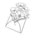 Vector hand drawing bouquet of outline Anemone flower, bud and leaf in open craft envelope in black isolated on white background.